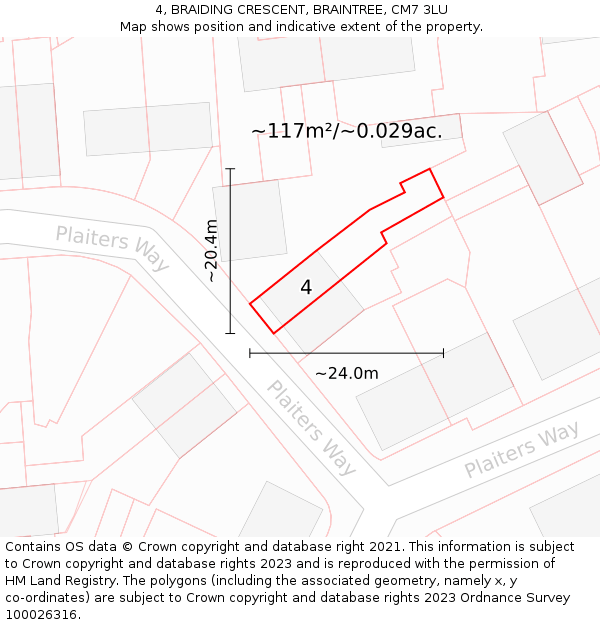 4, BRAIDING CRESCENT, BRAINTREE, CM7 3LU: Plot and title map