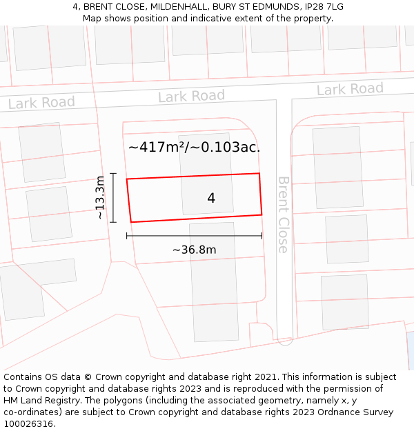 4, BRENT CLOSE, MILDENHALL, BURY ST EDMUNDS, IP28 7LG: Plot and title map