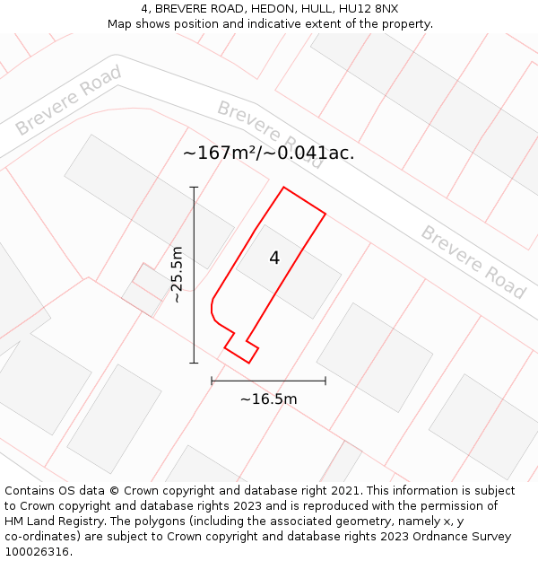 4, BREVERE ROAD, HEDON, HULL, HU12 8NX: Plot and title map