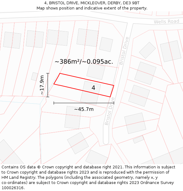 4, BRISTOL DRIVE, MICKLEOVER, DERBY, DE3 9BT: Plot and title map