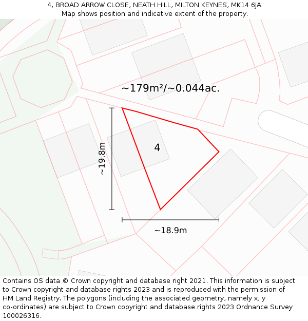 4, BROAD ARROW CLOSE, NEATH HILL, MILTON KEYNES, MK14 6JA: Plot and title map