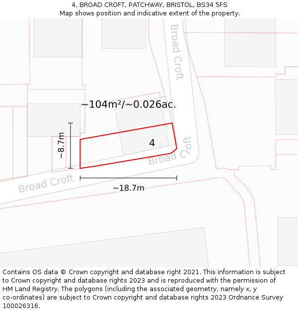 4, BROAD CROFT, PATCHWAY, BRISTOL, BS34 5FS: Plot and title map