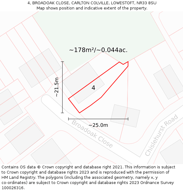 4, BROADOAK CLOSE, CARLTON COLVILLE, LOWESTOFT, NR33 8SU: Plot and title map