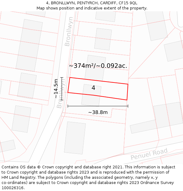 4, BRONLLWYN, PENTYRCH, CARDIFF, CF15 9QL: Plot and title map
