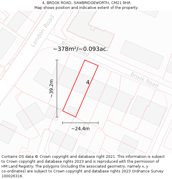 4, BROOK ROAD, SAWBRIDGEWORTH, CM21 9HA: Plot and title map