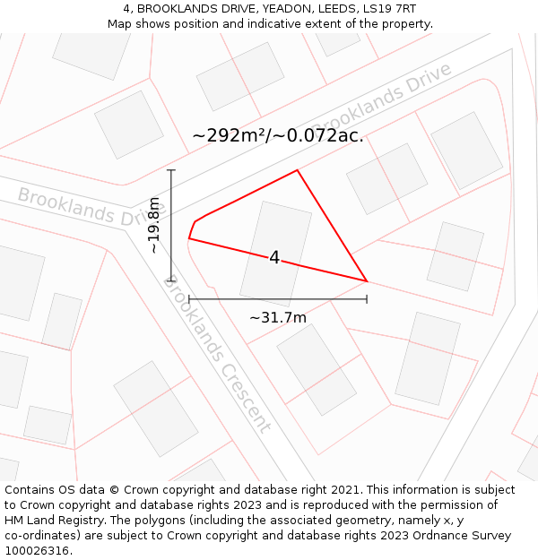 4, BROOKLANDS DRIVE, YEADON, LEEDS, LS19 7RT: Plot and title map