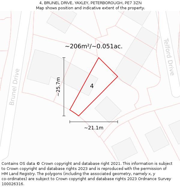 4, BRUNEL DRIVE, YAXLEY, PETERBOROUGH, PE7 3ZN: Plot and title map