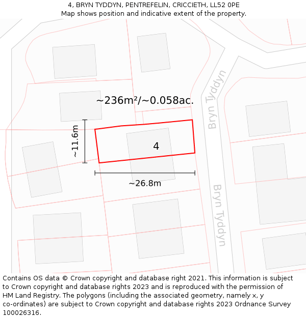 4, BRYN TYDDYN, PENTREFELIN, CRICCIETH, LL52 0PE: Plot and title map