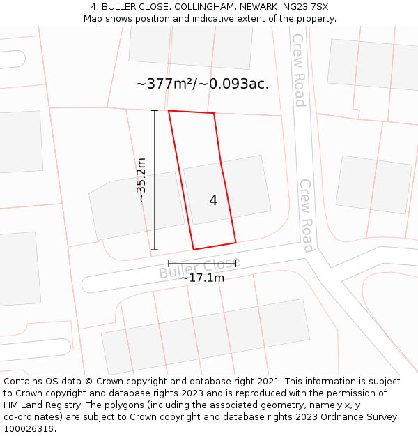 4, BULLER CLOSE, COLLINGHAM, NEWARK, NG23 7SX: Plot and title map