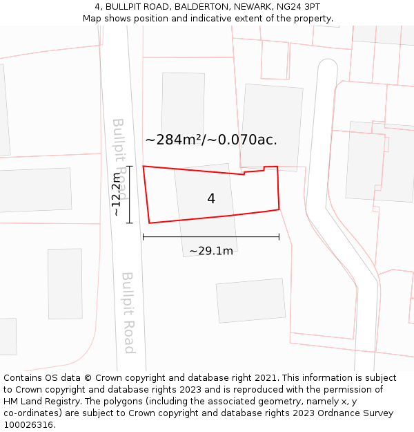 4, BULLPIT ROAD, BALDERTON, NEWARK, NG24 3PT: Plot and title map