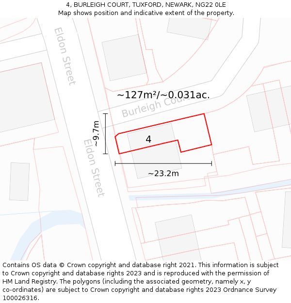 4, BURLEIGH COURT, TUXFORD, NEWARK, NG22 0LE: Plot and title map