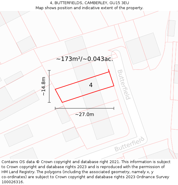 4, BUTTERFIELDS, CAMBERLEY, GU15 3EU: Plot and title map