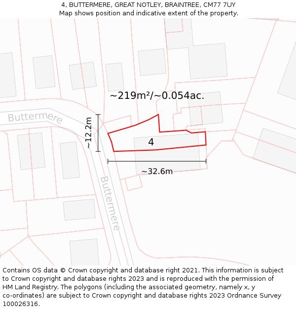 4, BUTTERMERE, GREAT NOTLEY, BRAINTREE, CM77 7UY: Plot and title map