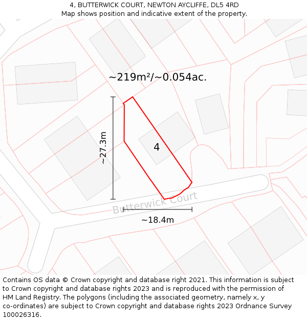 4, BUTTERWICK COURT, NEWTON AYCLIFFE, DL5 4RD: Plot and title map