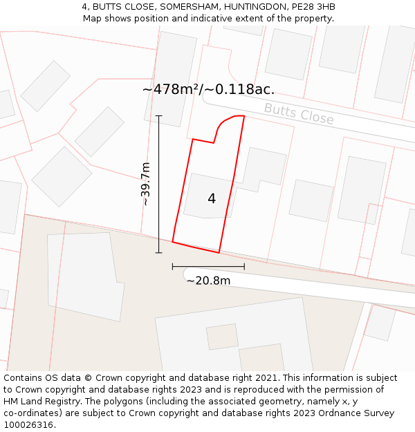 4, BUTTS CLOSE, SOMERSHAM, HUNTINGDON, PE28 3HB: Plot and title map