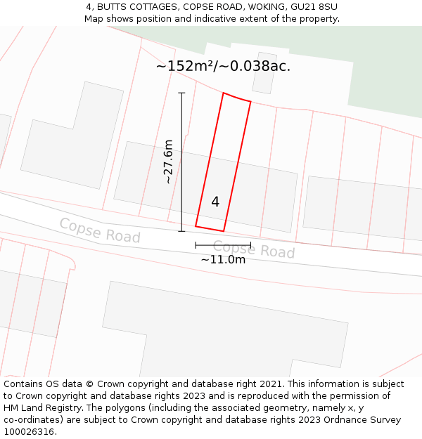 4, BUTTS COTTAGES, COPSE ROAD, WOKING, GU21 8SU: Plot and title map