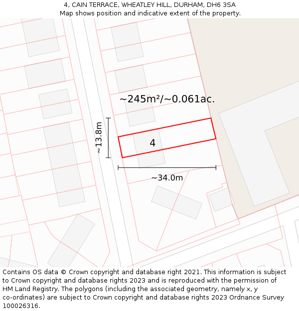 4, CAIN TERRACE, WHEATLEY HILL, DURHAM, DH6 3SA: Plot and title map