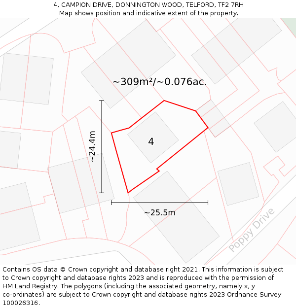 4, CAMPION DRIVE, DONNINGTON WOOD, TELFORD, TF2 7RH: Plot and title map