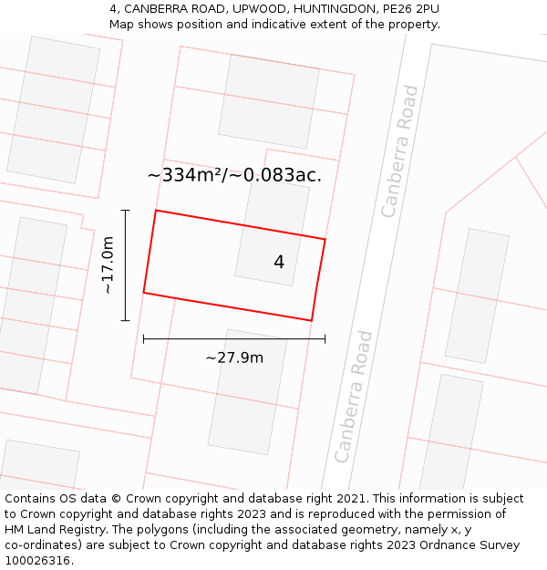 4, CANBERRA ROAD, UPWOOD, HUNTINGDON, PE26 2PU: Plot and title map