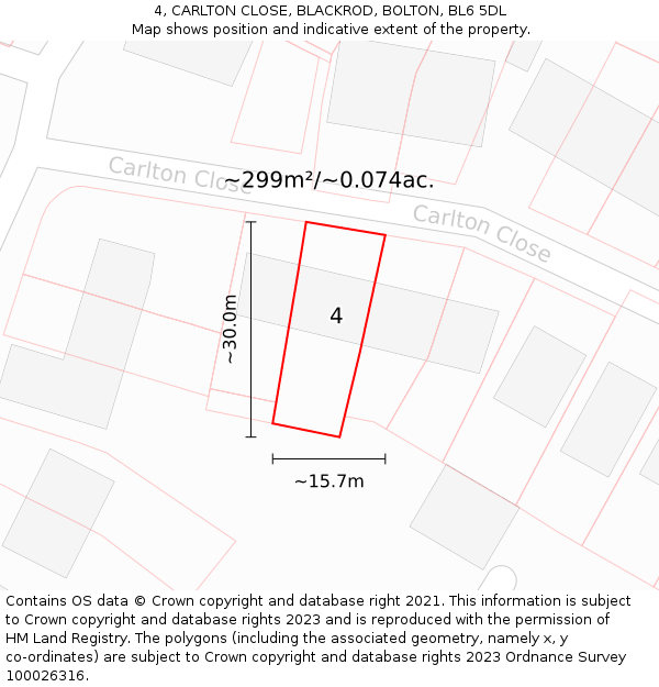 4, CARLTON CLOSE, BLACKROD, BOLTON, BL6 5DL: Plot and title map