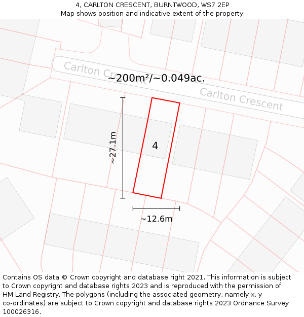 4, CARLTON CRESCENT, BURNTWOOD, WS7 2EP: Plot and title map