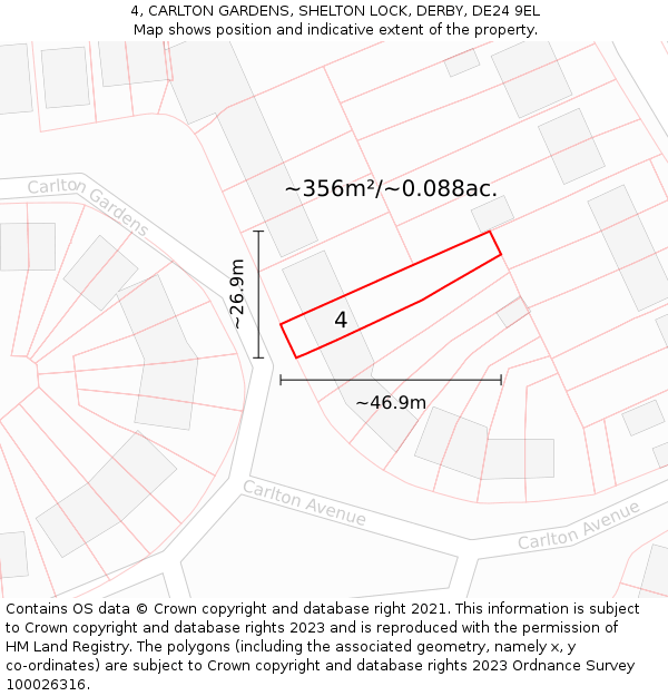 4, CARLTON GARDENS, SHELTON LOCK, DERBY, DE24 9EL: Plot and title map