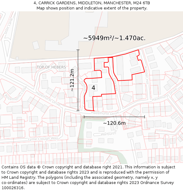 4, CARRICK GARDENS, MIDDLETON, MANCHESTER, M24 6TB: Plot and title map