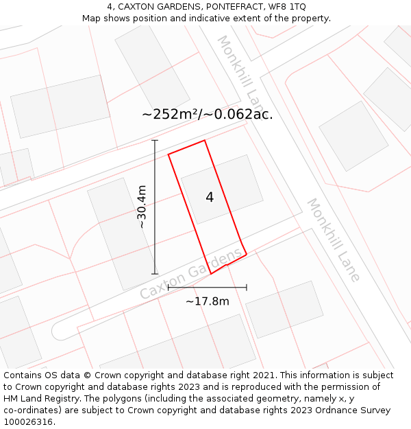 4, CAXTON GARDENS, PONTEFRACT, WF8 1TQ: Plot and title map