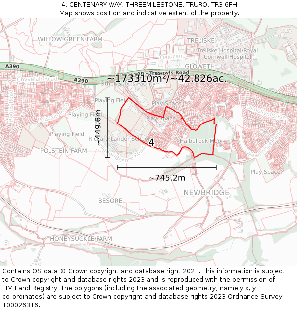 4, CENTENARY WAY, THREEMILESTONE, TRURO, TR3 6FH: Plot and title map