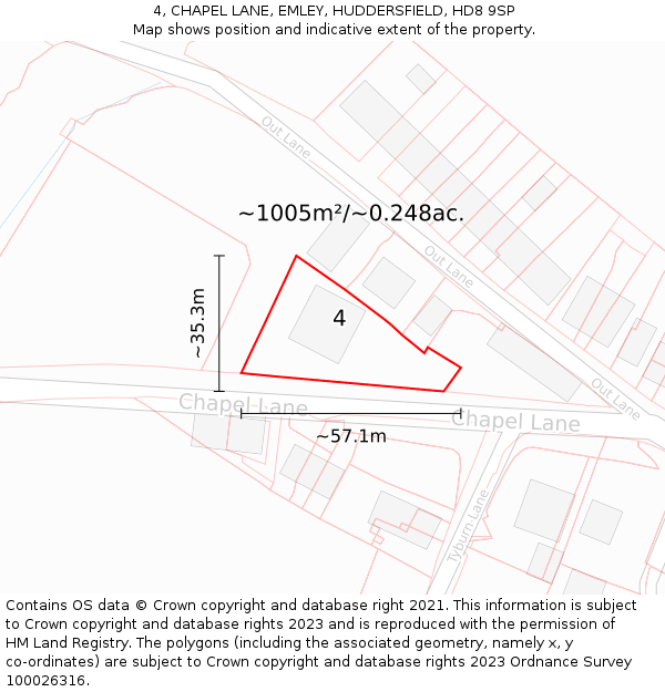 4, CHAPEL LANE, EMLEY, HUDDERSFIELD, HD8 9SP: Plot and title map