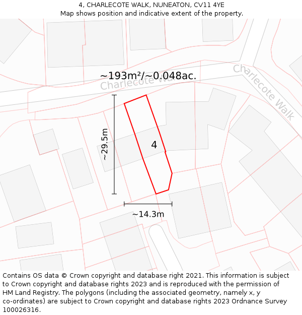4, CHARLECOTE WALK, NUNEATON, CV11 4YE: Plot and title map