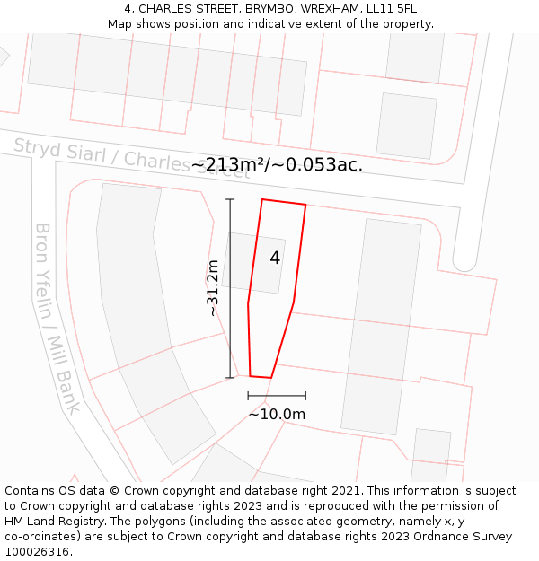 4, CHARLES STREET, BRYMBO, WREXHAM, LL11 5FL: Plot and title map