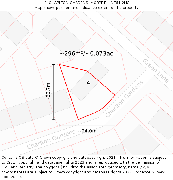 4, CHARLTON GARDENS, MORPETH, NE61 2HG: Plot and title map