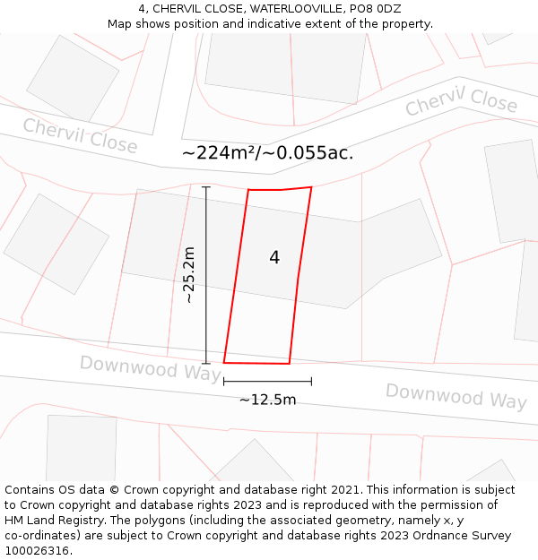 4, CHERVIL CLOSE, WATERLOOVILLE, PO8 0DZ: Plot and title map