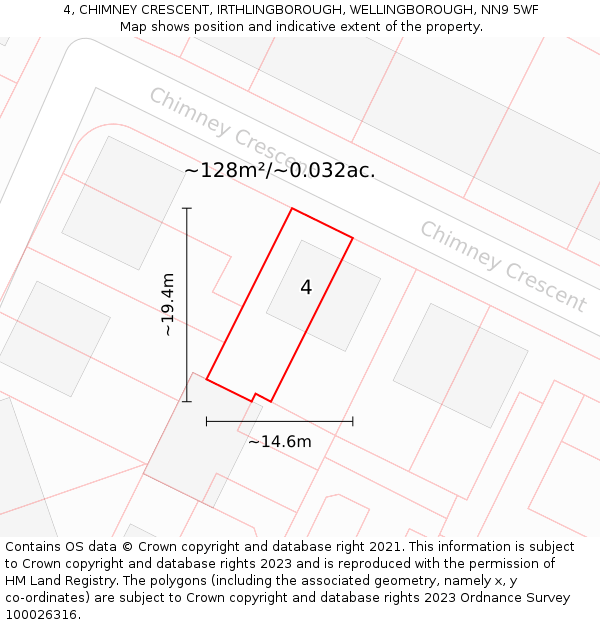 4, CHIMNEY CRESCENT, IRTHLINGBOROUGH, WELLINGBOROUGH, NN9 5WF: Plot and title map