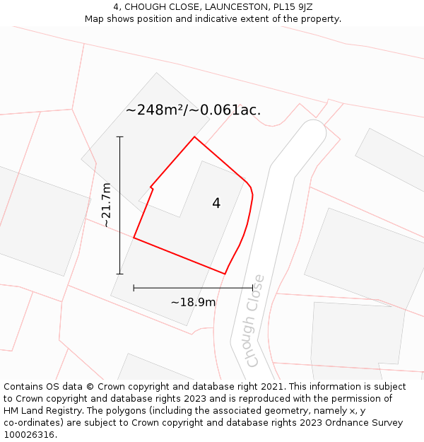 4, CHOUGH CLOSE, LAUNCESTON, PL15 9JZ: Plot and title map