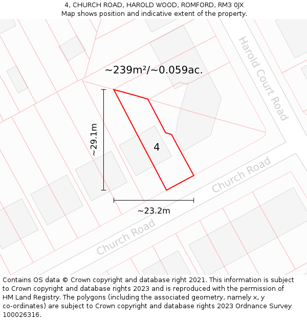 4, CHURCH ROAD, HAROLD WOOD, ROMFORD, RM3 0JX: Plot and title map