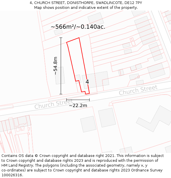 4, CHURCH STREET, DONISTHORPE, SWADLINCOTE, DE12 7PY: Plot and title map