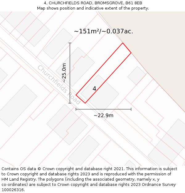 4, CHURCHFIELDS ROAD, BROMSGROVE, B61 8EB: Plot and title map