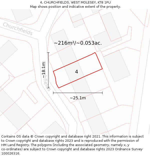 4, CHURCHFIELDS, WEST MOLESEY, KT8 1PU: Plot and title map