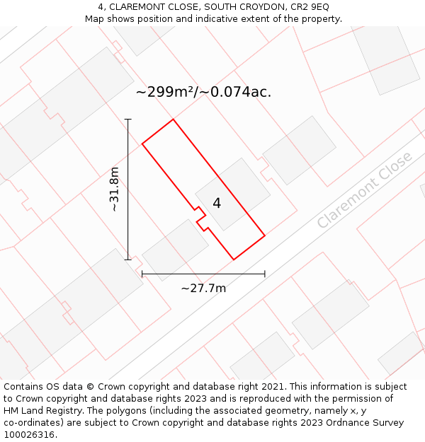 4, CLAREMONT CLOSE, SOUTH CROYDON, CR2 9EQ: Plot and title map