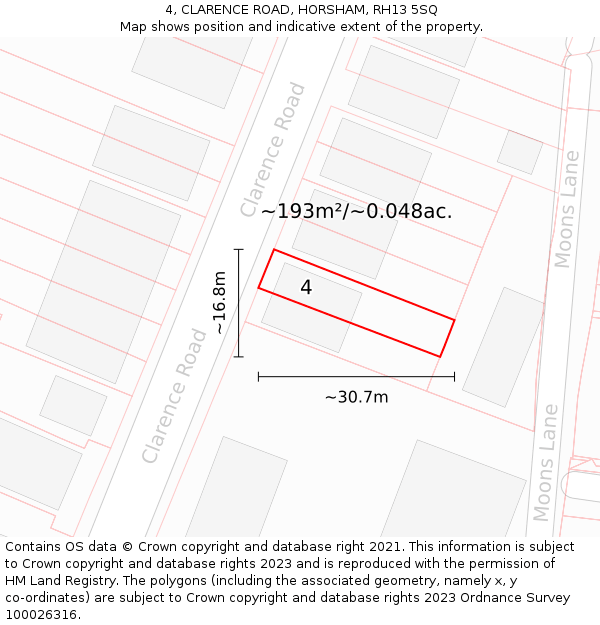 4, CLARENCE ROAD, HORSHAM, RH13 5SQ: Plot and title map