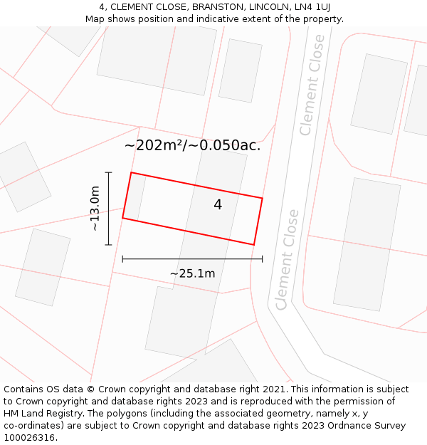 4, CLEMENT CLOSE, BRANSTON, LINCOLN, LN4 1UJ: Plot and title map