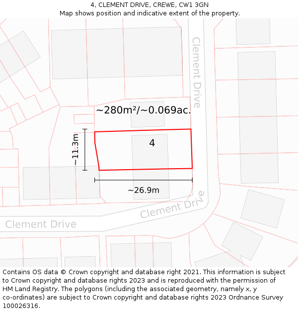 4, CLEMENT DRIVE, CREWE, CW1 3GN: Plot and title map