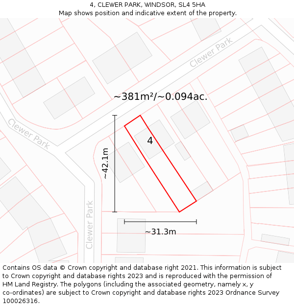 4, CLEWER PARK, WINDSOR, SL4 5HA: Plot and title map