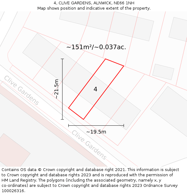 4, CLIVE GARDENS, ALNWICK, NE66 1NH: Plot and title map