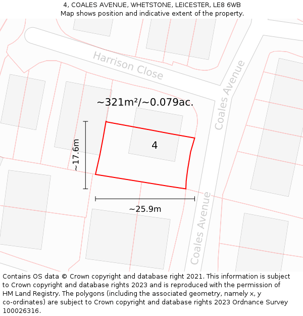 4, COALES AVENUE, WHETSTONE, LEICESTER, LE8 6WB: Plot and title map