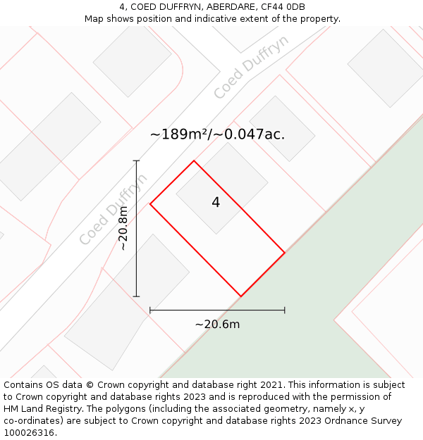 4, COED DUFFRYN, ABERDARE, CF44 0DB: Plot and title map