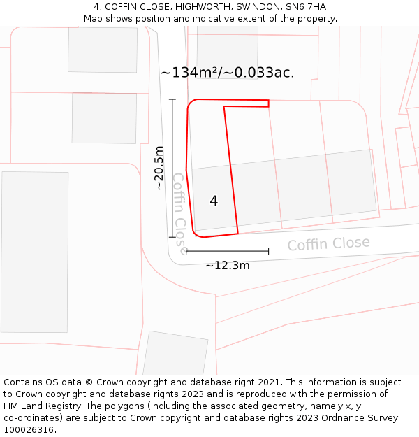 4, COFFIN CLOSE, HIGHWORTH, SWINDON, SN6 7HA: Plot and title map