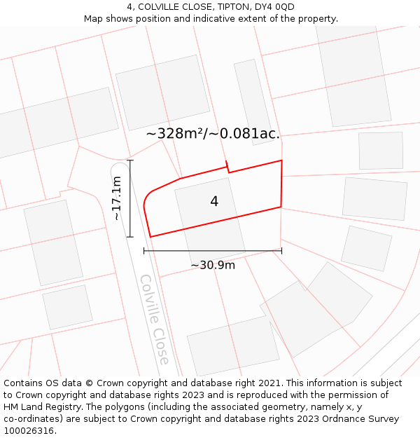 4, COLVILLE CLOSE, TIPTON, DY4 0QD: Plot and title map